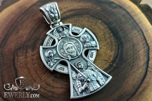 Men's silver cross 40 grams with holy images, фото